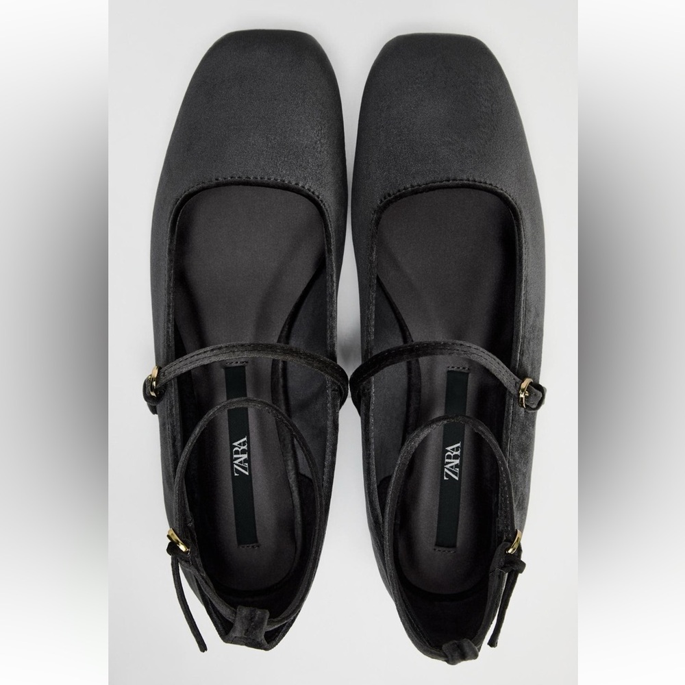 Zara Gray Velvet Ballet Flats shoes Buckle Strap Mary Jane Square size 9 40 NWT - Picture 3 of 12